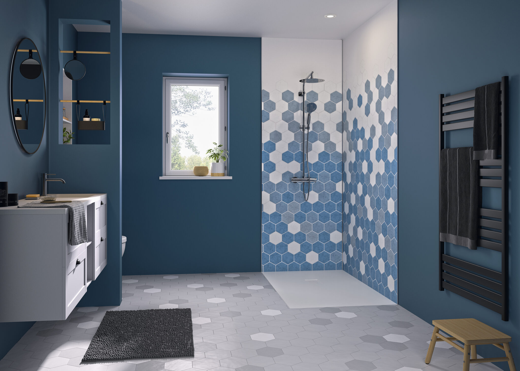 Kinewall Blue Monochrome Hexagon Shower Wall Panel