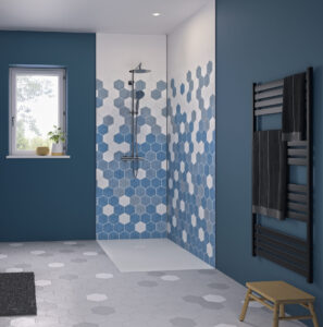 Kinewall Blue Monochrome Hexagon Shower Wall Panel