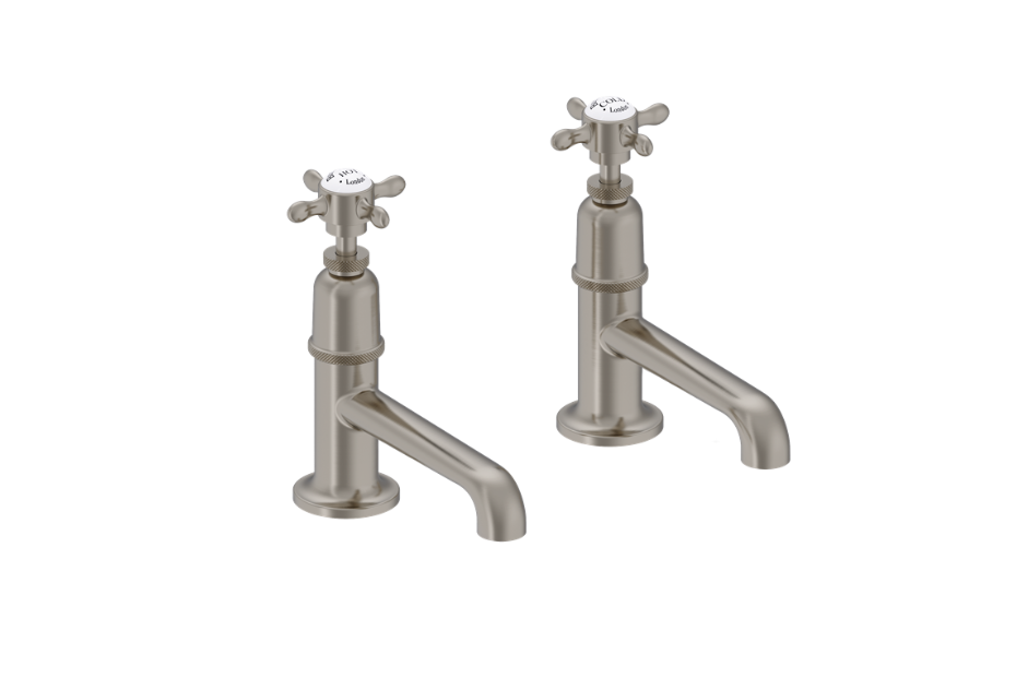 Burlington Guild Long Spout Brushed Nickel Basin Pillar Taps