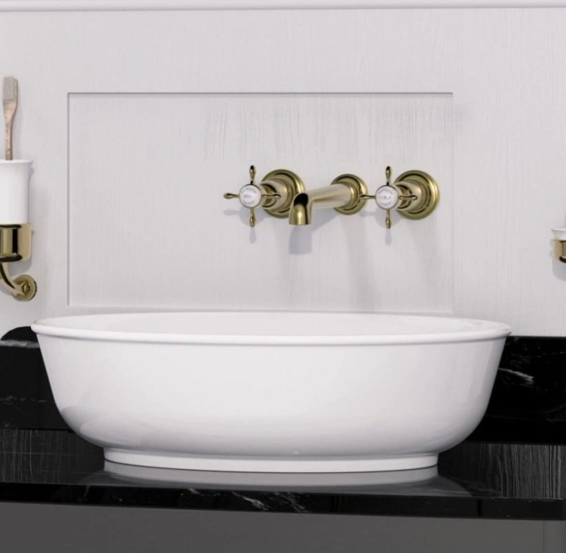 Burlington Guild 3TH Wall Mounted Gold Basin Mixer Tap